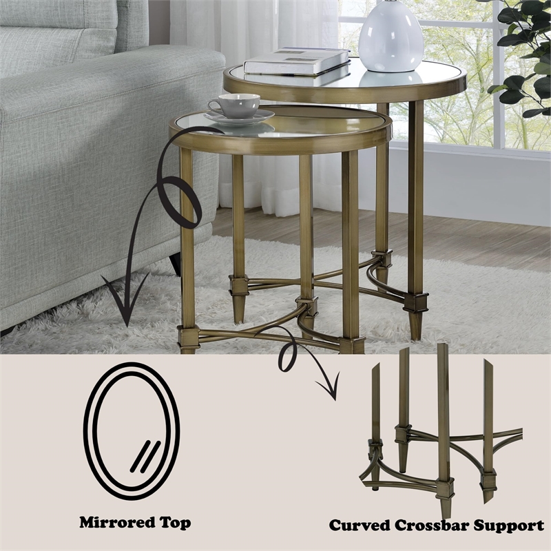 ACME Aditya Metal Nesting Table Set in Mirrored and Antique Brass (Set of 2)