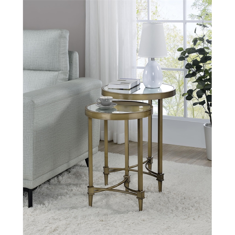 ACME Aditya Metal Nesting Table Set in Mirrored and Antique Brass (Set of 2)