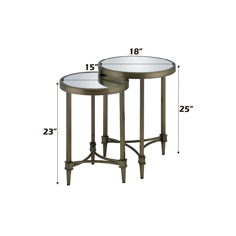 ACME Aditya Metal Nesting Table Set in Mirrored and Antique Brass (Set of 2)