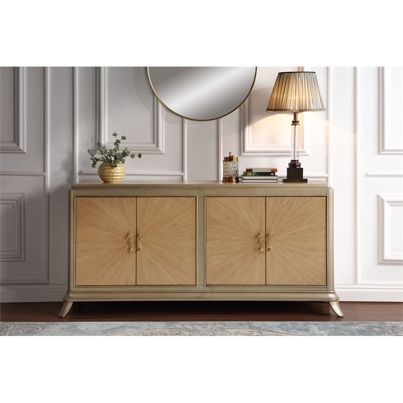 ACME Dodie Wood Console Cabinet in Natural Oak Sunburst and Taupe Champaign