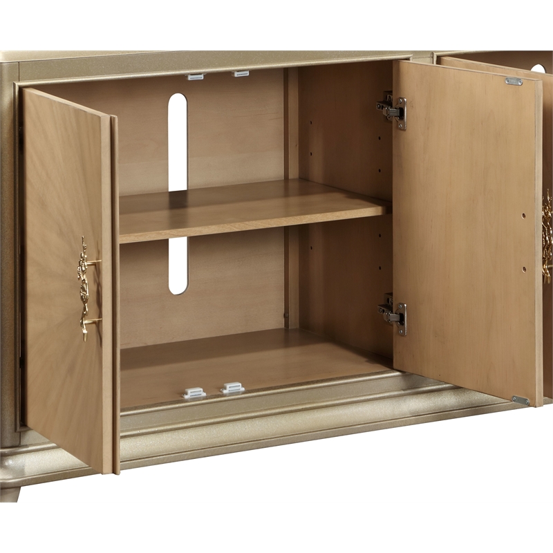 ACME Dodie Wood Console Cabinet in Natural Oak Sunburst and Taupe Champaign