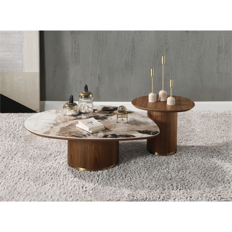 ACME Willene Contemporary Wood Coffee Table with Ceramic Top in Walnut