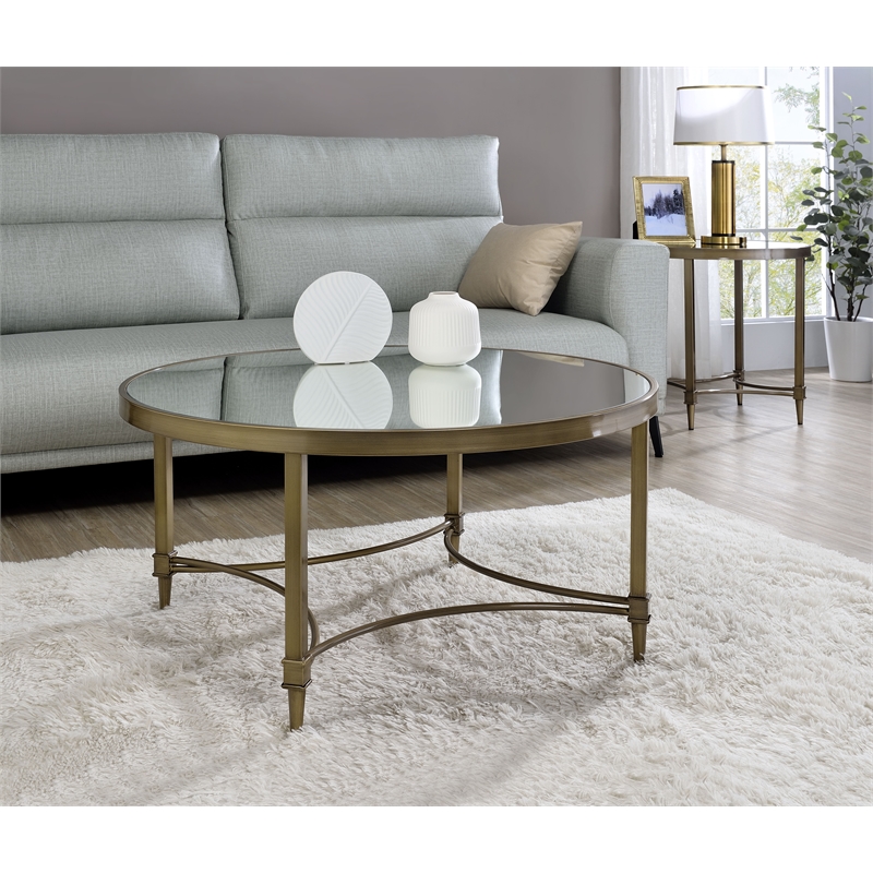 ACME Aditya Contemporary Metal Coffee Table in Mirrored and Antique Brass