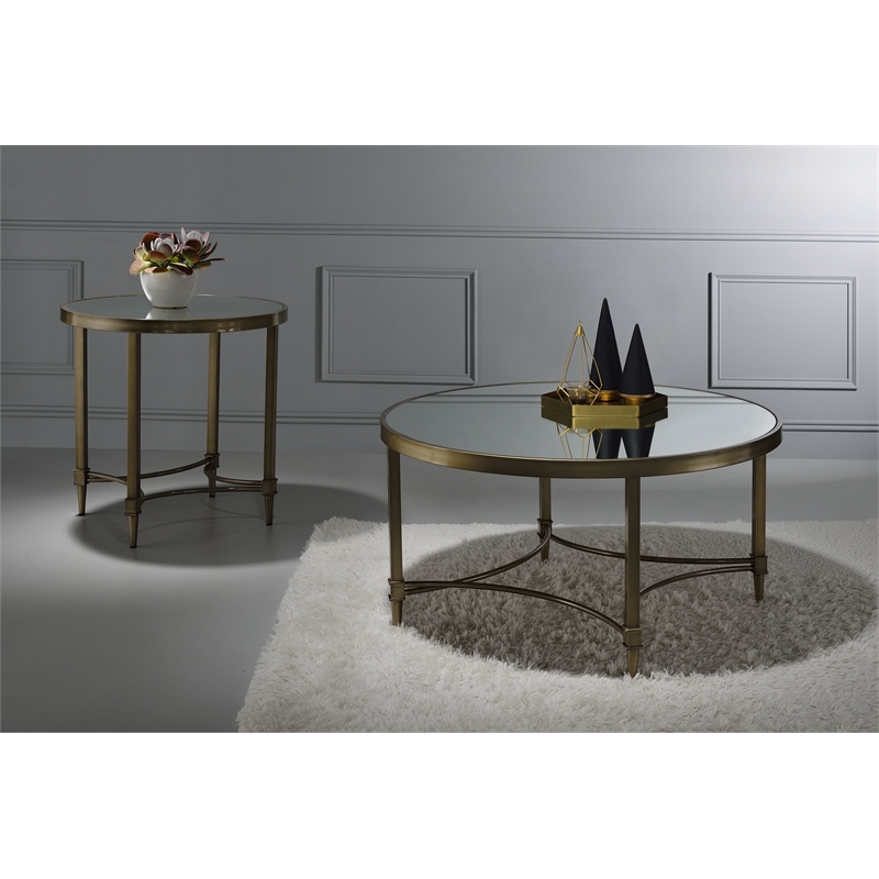 ACME Aditya Contemporary Metal Coffee Table in Mirrored and Antique Brass