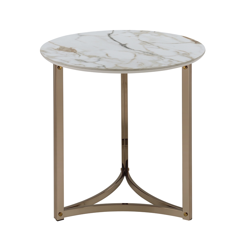 ACME Aziz Contemporary Metal End Table with Stone Top in Champagne Bronze
