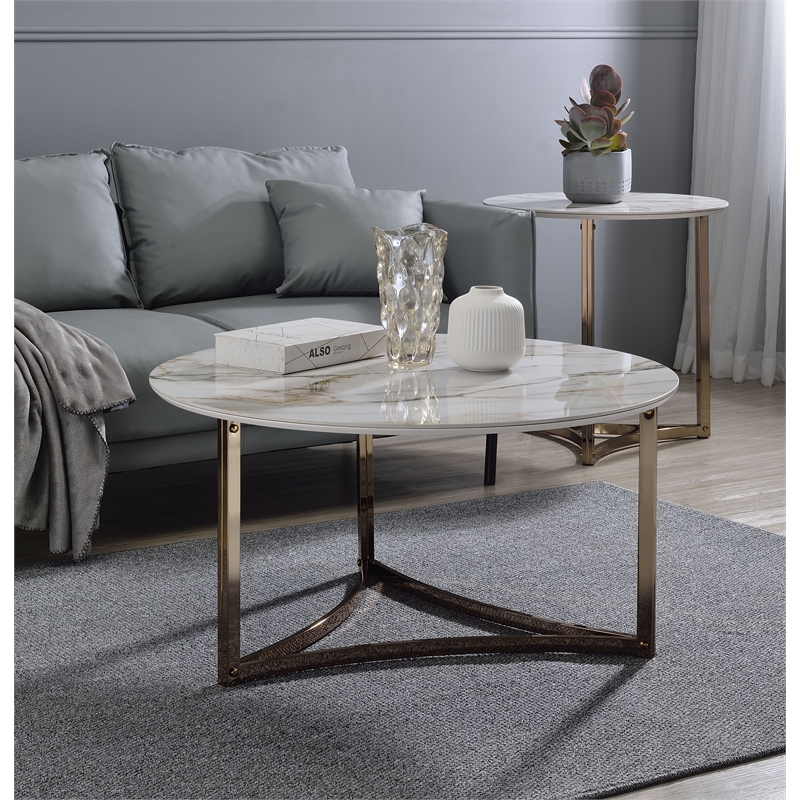 ACME Aziz Contemporary Metal End Table with Stone Top in Champagne Bronze
