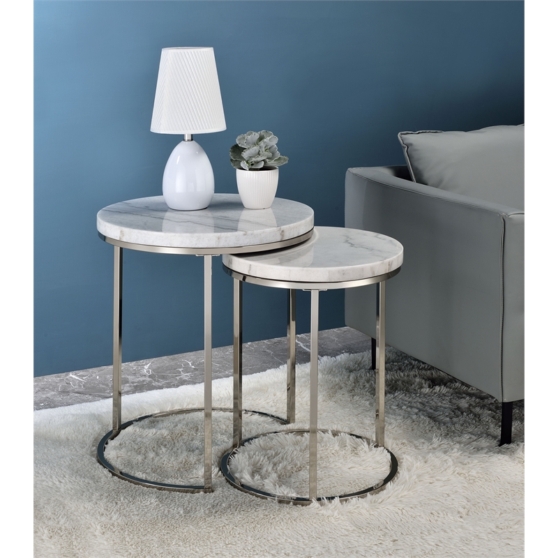 ACME Zaidee Metal Nesting Table Set with Marble Top in Nickel (Set of 2)