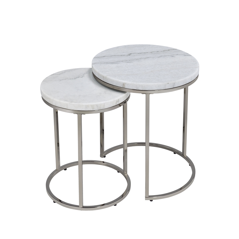 ACME Zaidee Metal Nesting Table Set with Marble Top in Nickel (Set of 2)