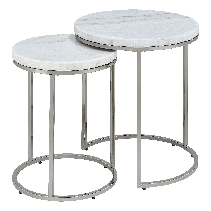 ACME Zaidee Metal Nesting Table Set with Marble Top in Nickel (Set of 2)