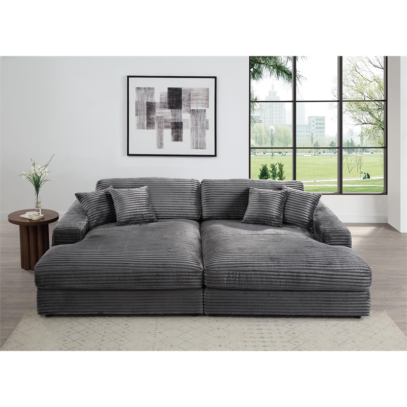 ACME Hilde Velvet Upholstered Sectional Sofa with 4 Pillows in Gray