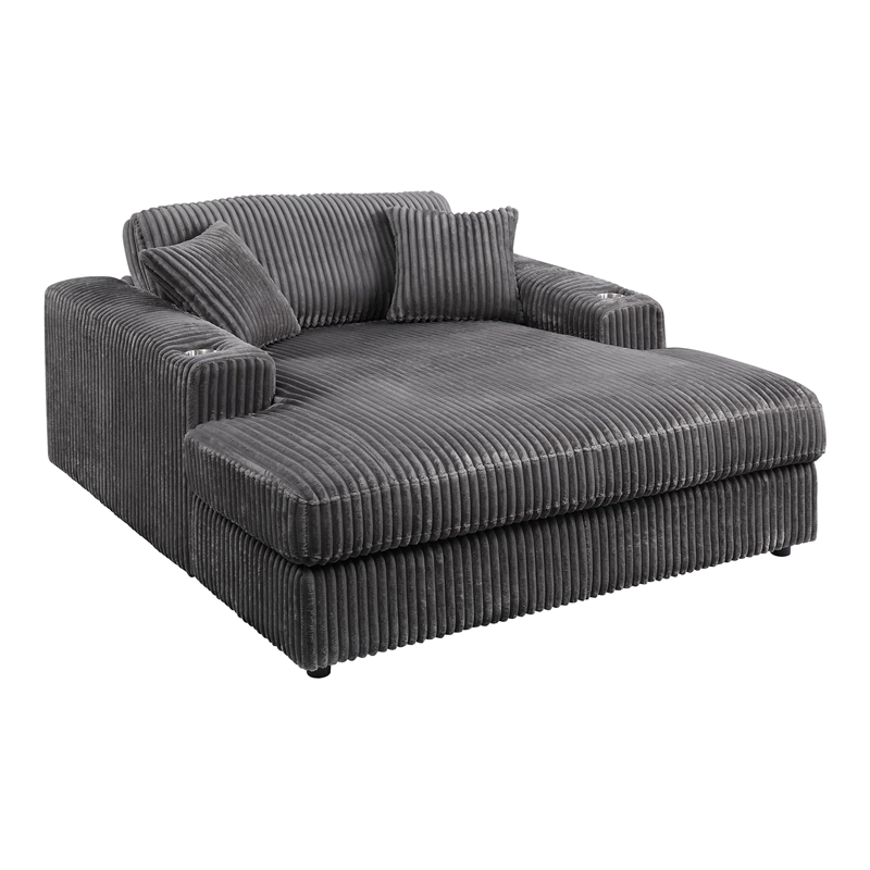 ACME Hilde Contemporary Velvet Upholstered Chaise with 2 Pillows in Gray