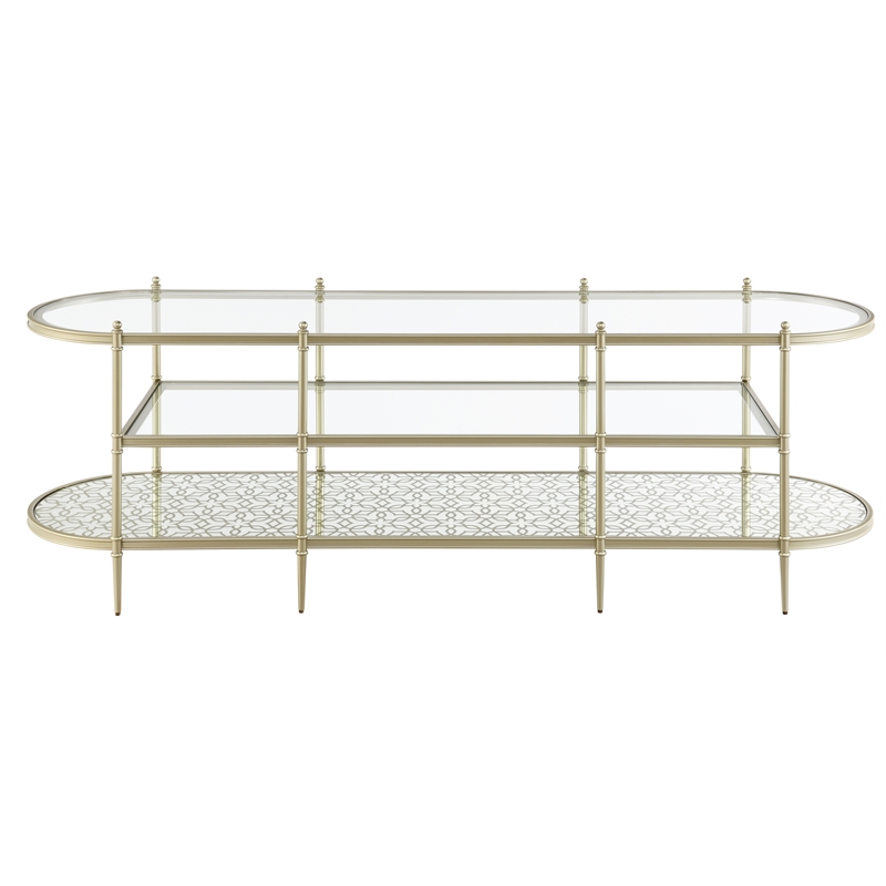 ACME Zaba Metal and Tempered Glass Oval TV Stand in Silver and Clear