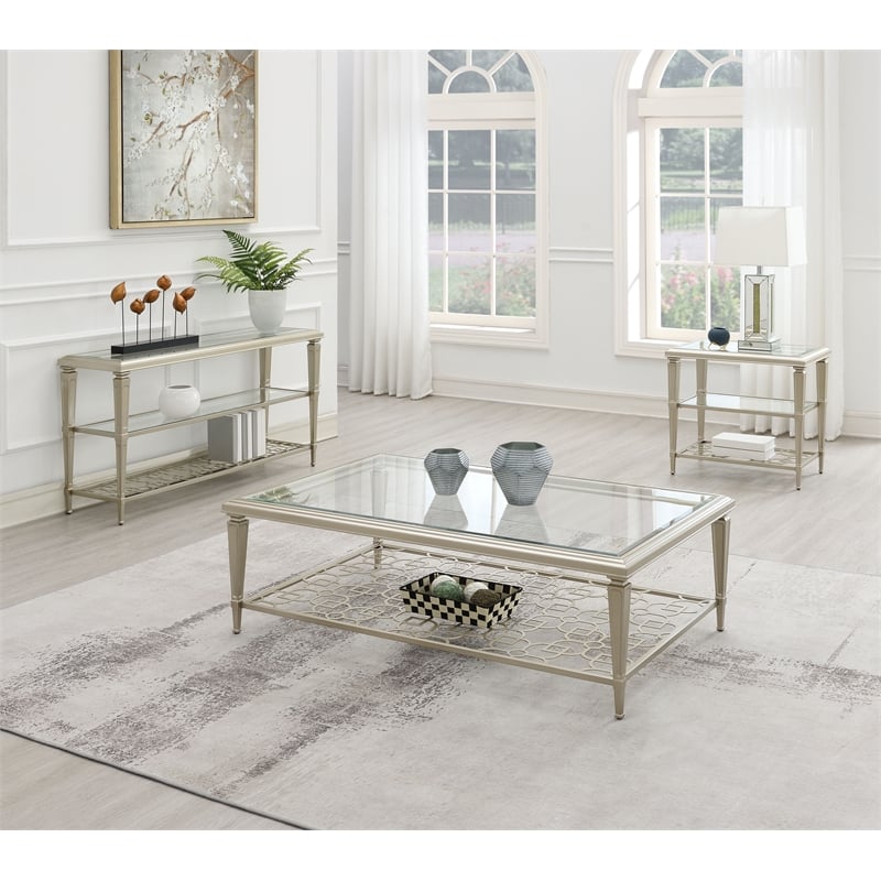 ACME Zaba Metal and Tempered Glass Rectangular Coffee Table in Silver and Clear