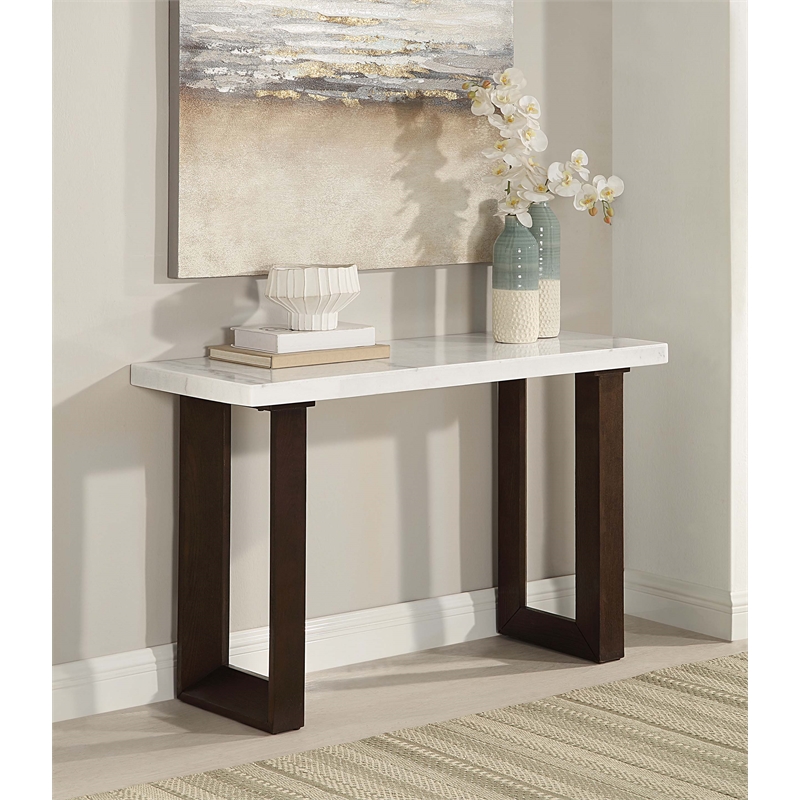 ACME Edwyn Marble and Wood Rectangular Sofa Table in White and Brown