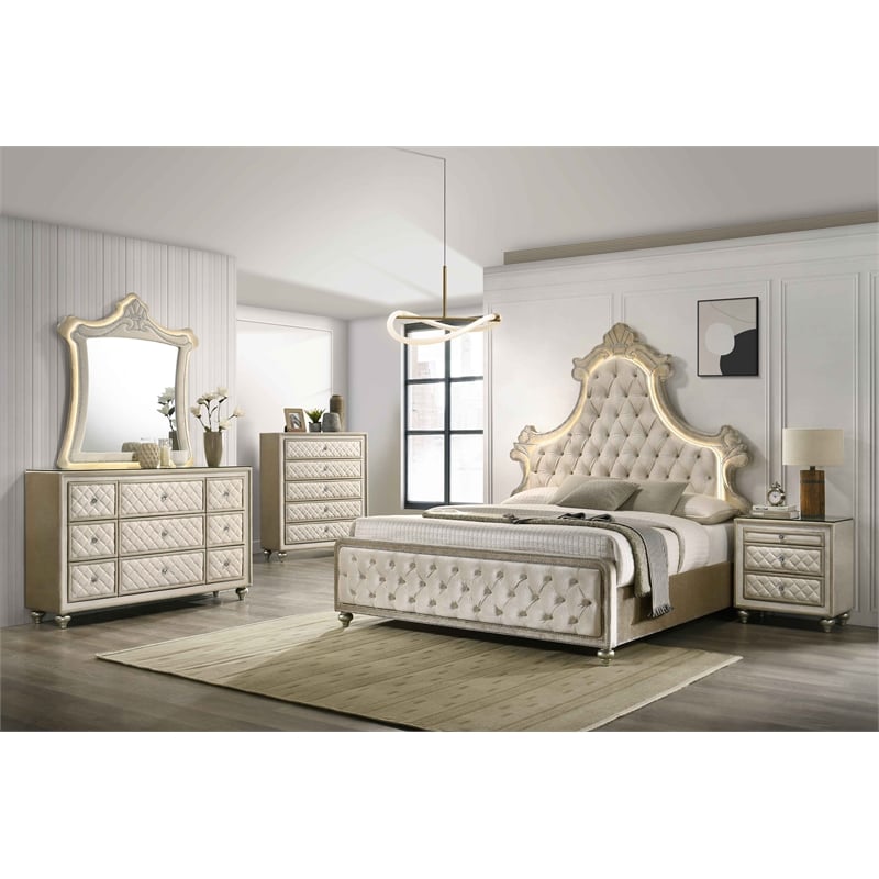 ACME Lucienne Velvet Upholstered Eastern King Bed with LED in Beige