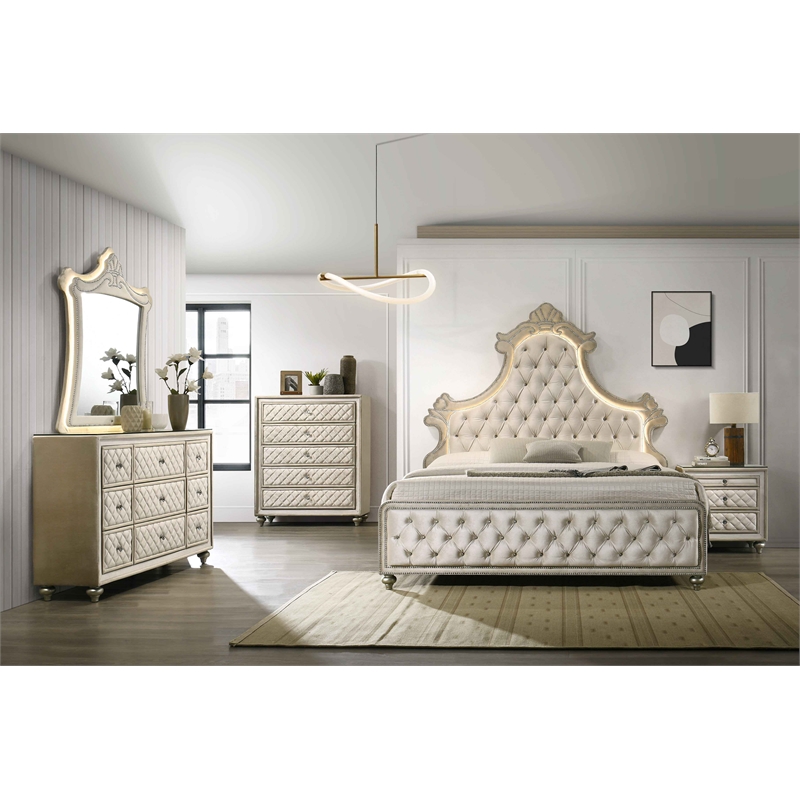 ACME Lucienne Velvet Upholstered Eastern King Bed with LED in Beige