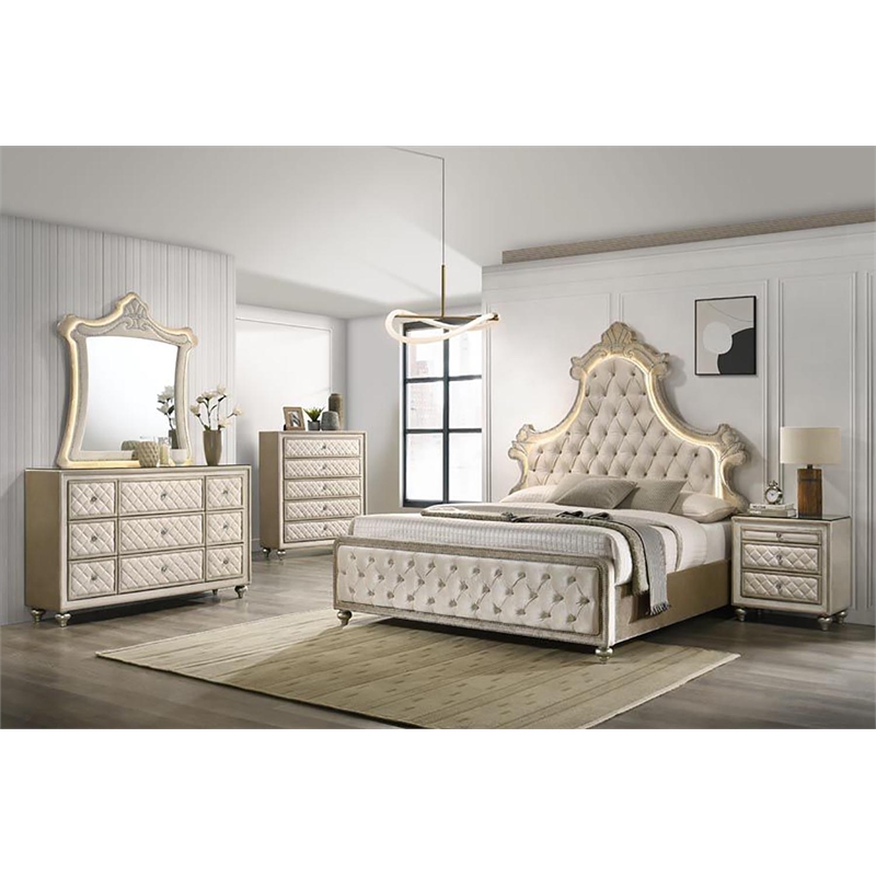 ACME Lucienne Velvet Upholstered Queen Bed with LED in Beige