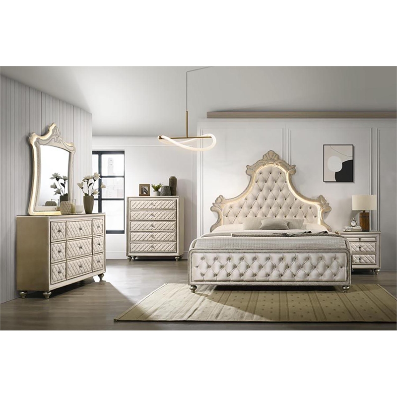 ACME Lucienne Velvet Upholstered Queen Bed with LED in Beige