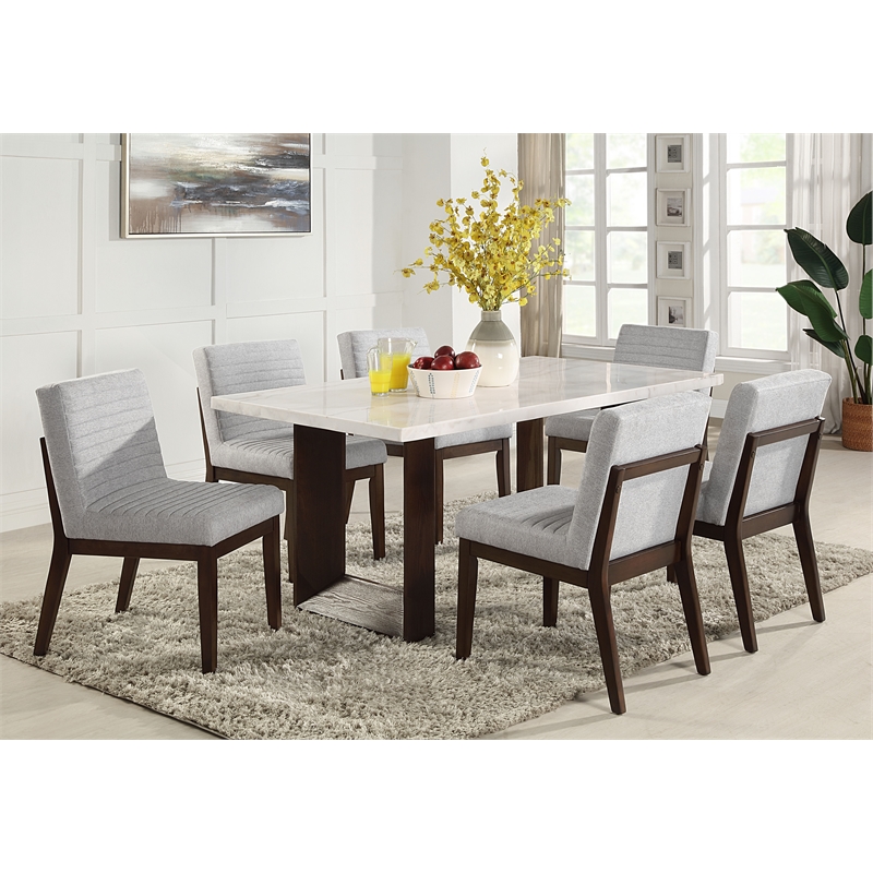ACME Edwyn Transitional Wood and Marble Rectangular Dining Table in White/Brown
