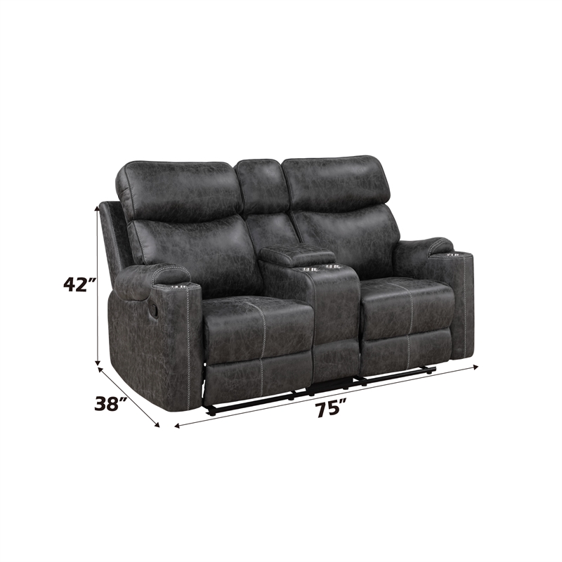 ACME Hirah Microfiber Upholstered Motion Loveseat with Console in Dark Gray