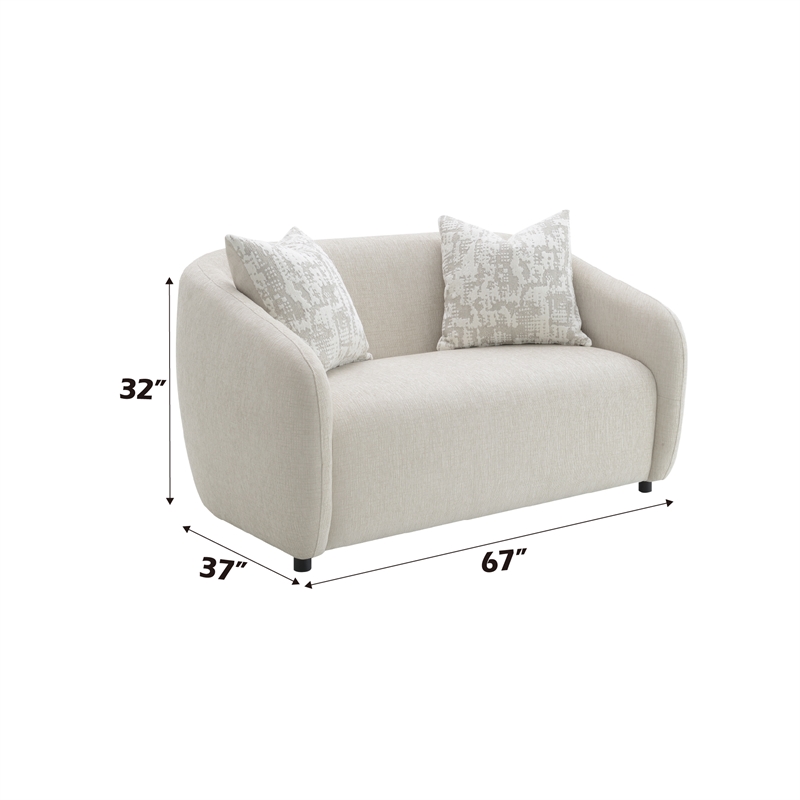 ACME Etienne Wood & Linen Fabric Upholstered Loveseat with 3 Pillows in Beige