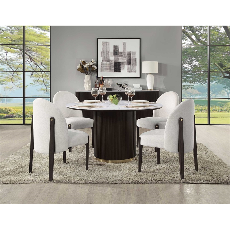 ACME Clayten Wood & Artificial Marble Round Dining Table in White & Espresso