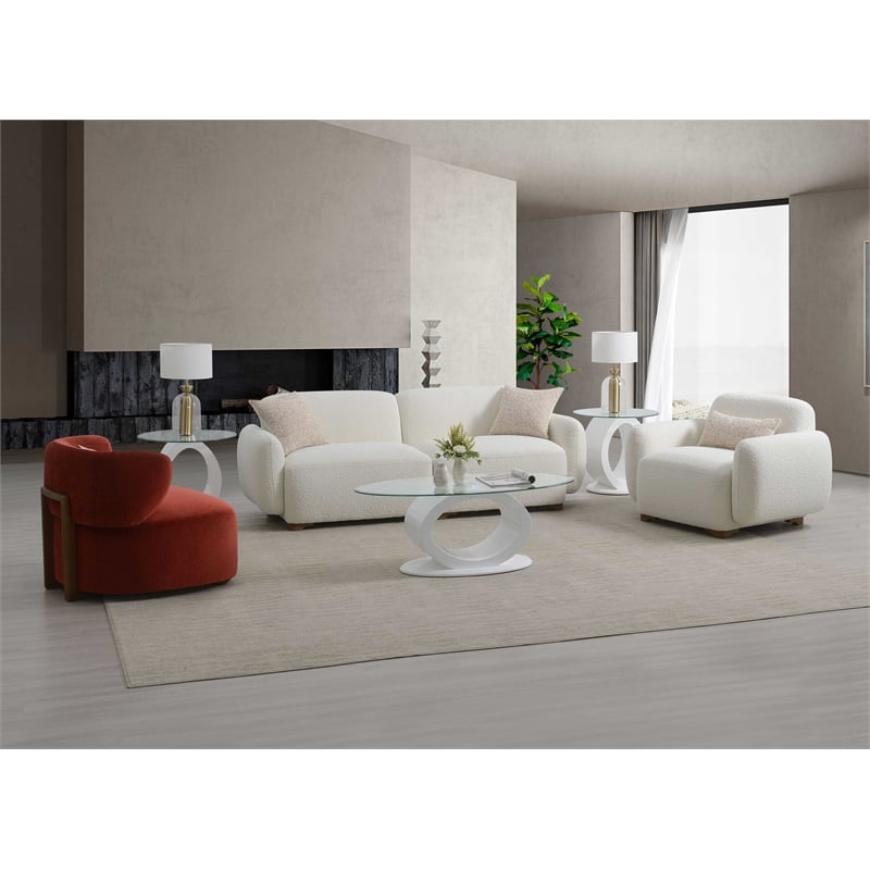 ACME Darius Wood & Boucle Fabric Upholstered Sofa with 2 Pillows in Beige