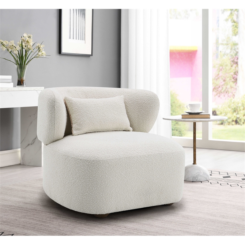 ACME Darius Wood & Boucle Fabric Upholstered Accent Chair with Pillow in Beige