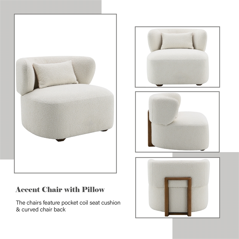 ACME Darius Wood & Boucle Fabric Upholstered Accent Chair with Pillow in Beige