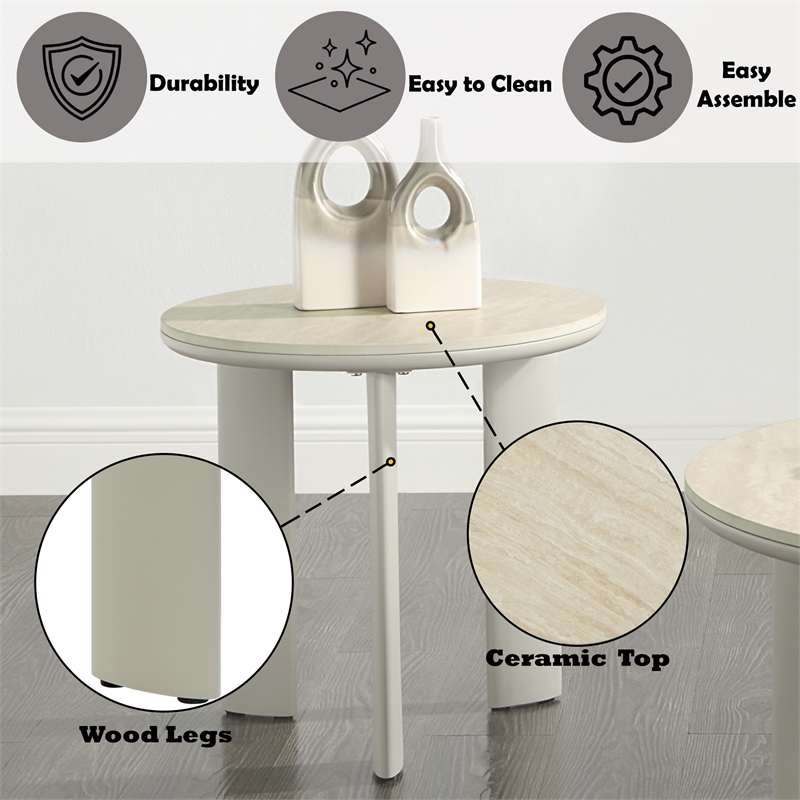 ACME Ingram Metal/Ceramic/Wood Round End Table in Light Gray