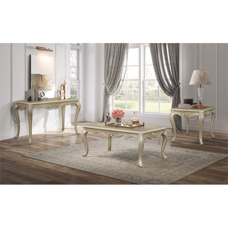 ACME Libertee Wood Rectangular End Table with Floral Trim in Champagne Gold