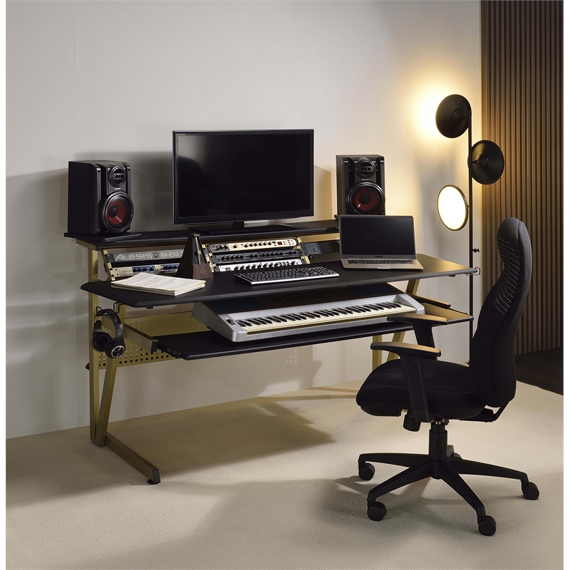 ACME Saida MDF Wood and Metal Rectangular Music Desk in Black and Muted Gold