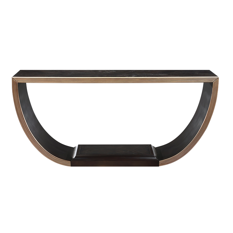 ACME Maceo Wood Half-Moon Console Table with Lower Shelf in Black & Gold