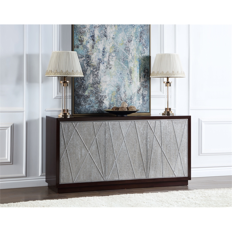 ACME Geranio Wood 3-Door Console Cabinet in Metallic Silver & Walnut