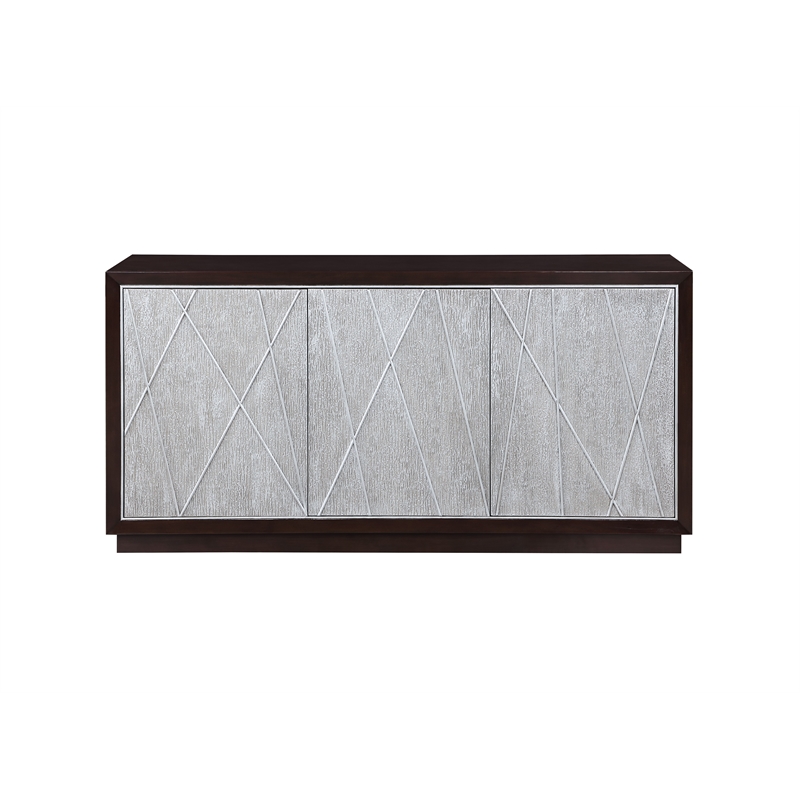ACME Geranio Wood 3-Door Console Cabinet in Metallic Silver & Walnut