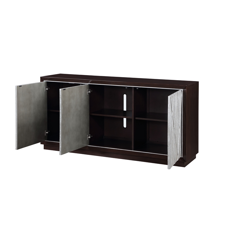 ACME Geranio Wood 3-Door Console Cabinet in Metallic Silver & Walnut