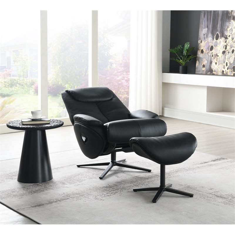 ACME Labonita Leather Upholstered Accent Chair with Swivel and Ottoman in Black