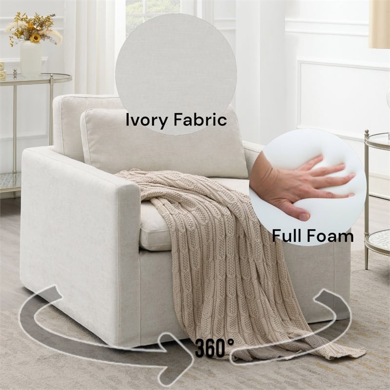 ACME Naveen Contemporary Fabric Upholstered Swivel Chair with Pillow in Ivory