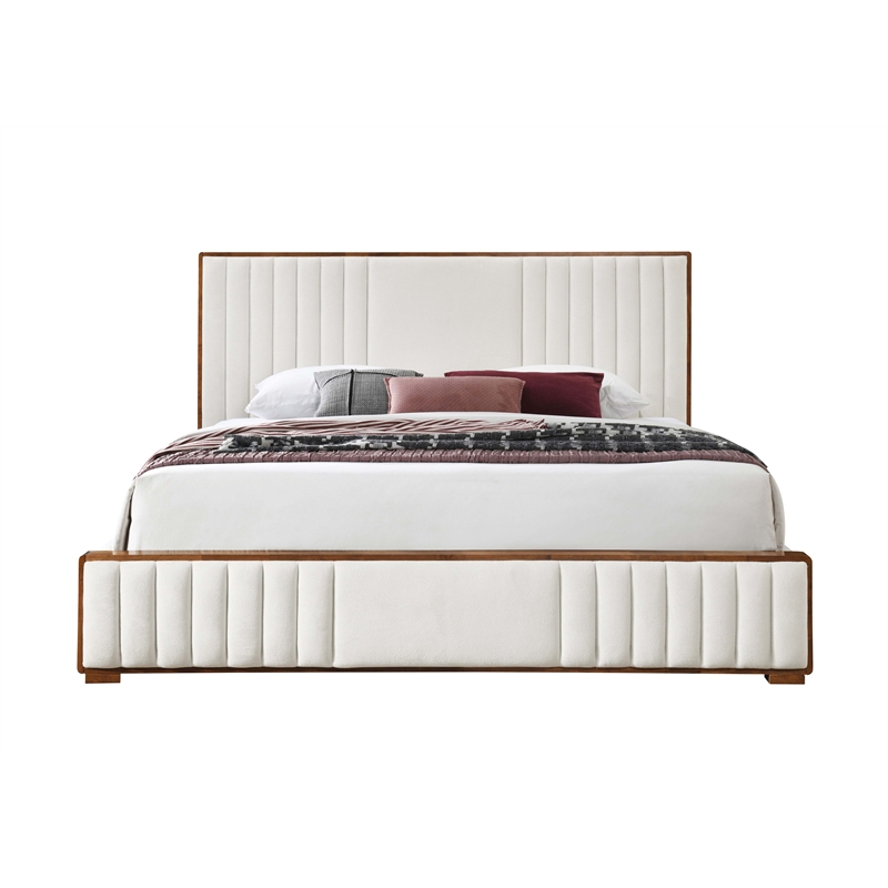 ACME Kaleea Chenille Fabric Channel-Tufted Eastern King Bed in Beige & Walnut