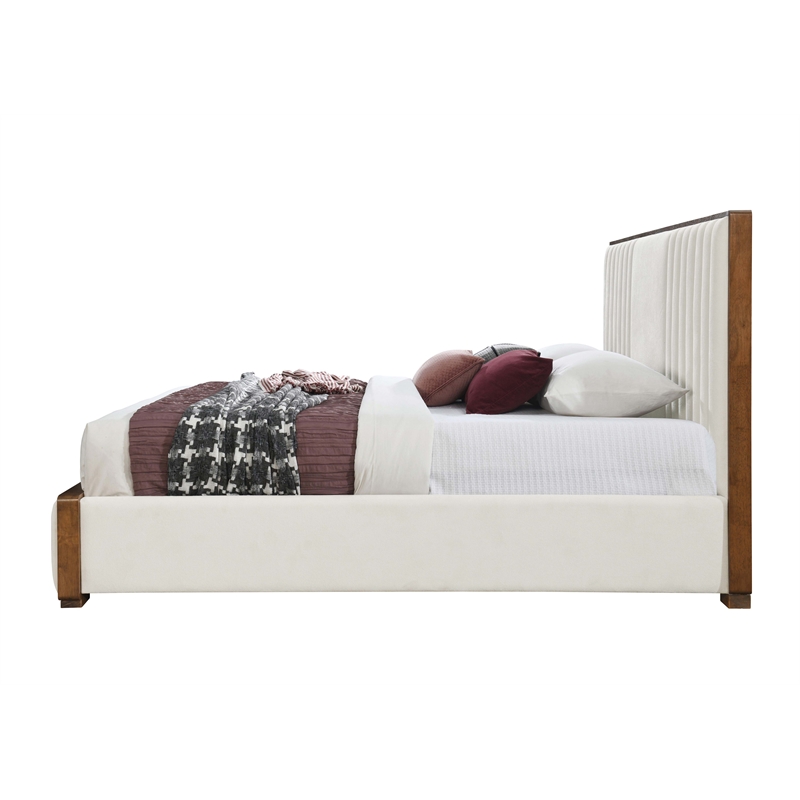 ACME Kaleea Chenille Fabric Channel-Tufted Eastern King Bed in Beige & Walnut