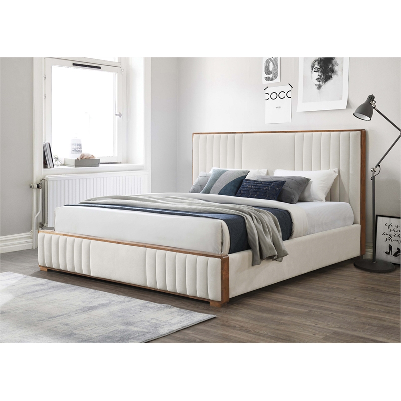 ACME Kaleea Chenille Fabric Channel-Tufted Eastern King Bed in Beige & Walnut