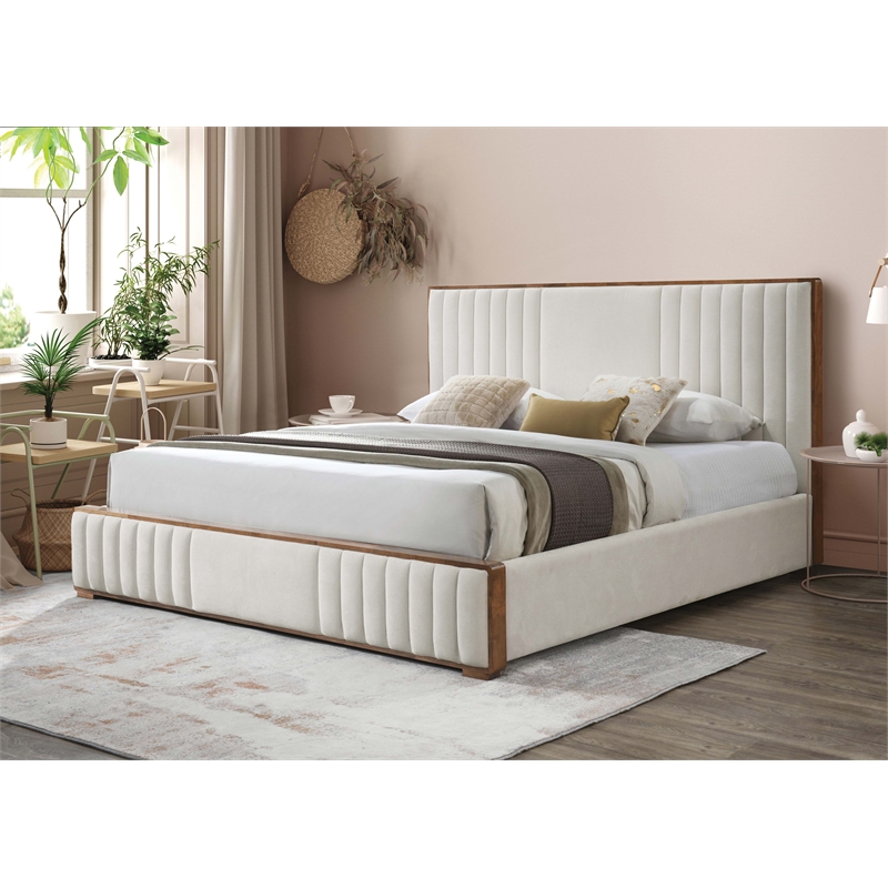 ACME Kaleea Chenille Fabric Channel-Tufted Eastern King Bed in Beige & Walnut