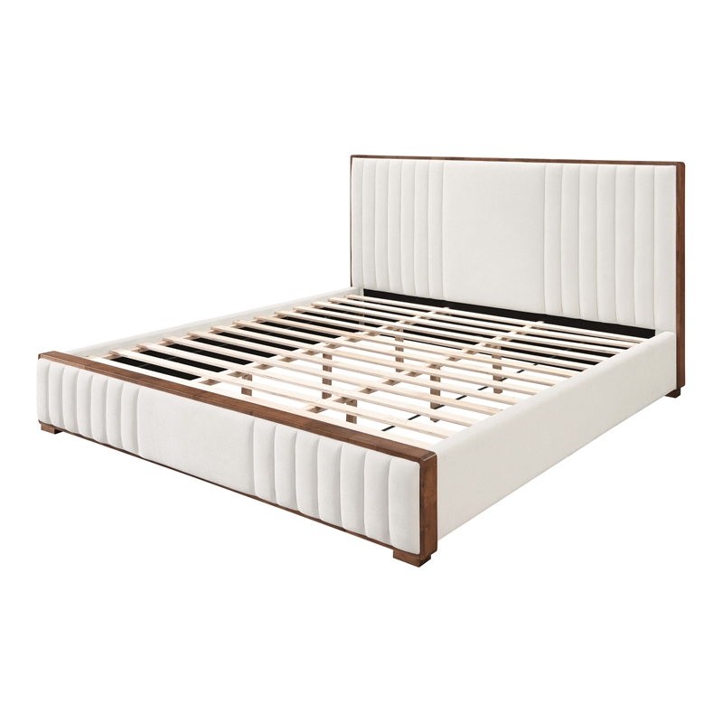 ACME Kaleea Chenille Fabric Channel-Tufted Eastern King Bed in Beige & Walnut