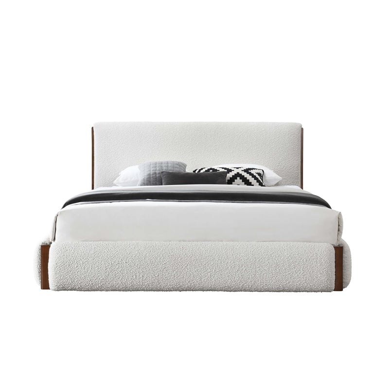 ACME Sandro Fabric Upholstered Eastern King Bed in White & Walnut