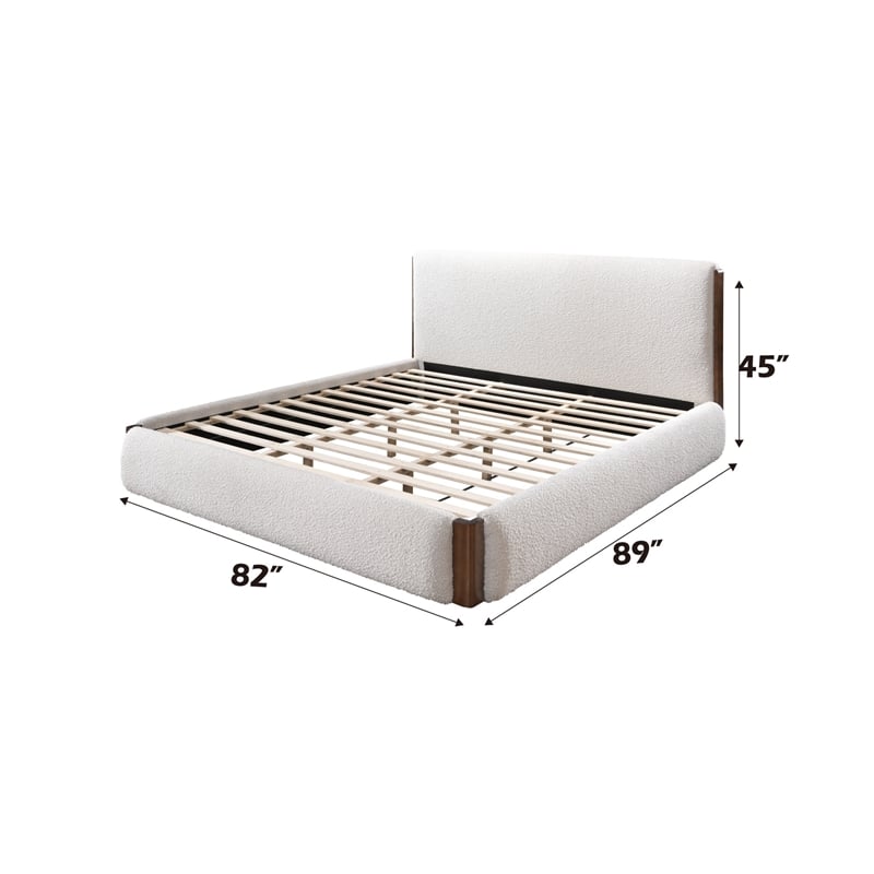 ACME Sandro Fabric Upholstered Eastern King Bed in White & Walnut
