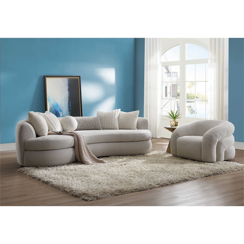 ACME Iniko Fabric Upholstered Curved Sofa with 6 Pillows in Beige