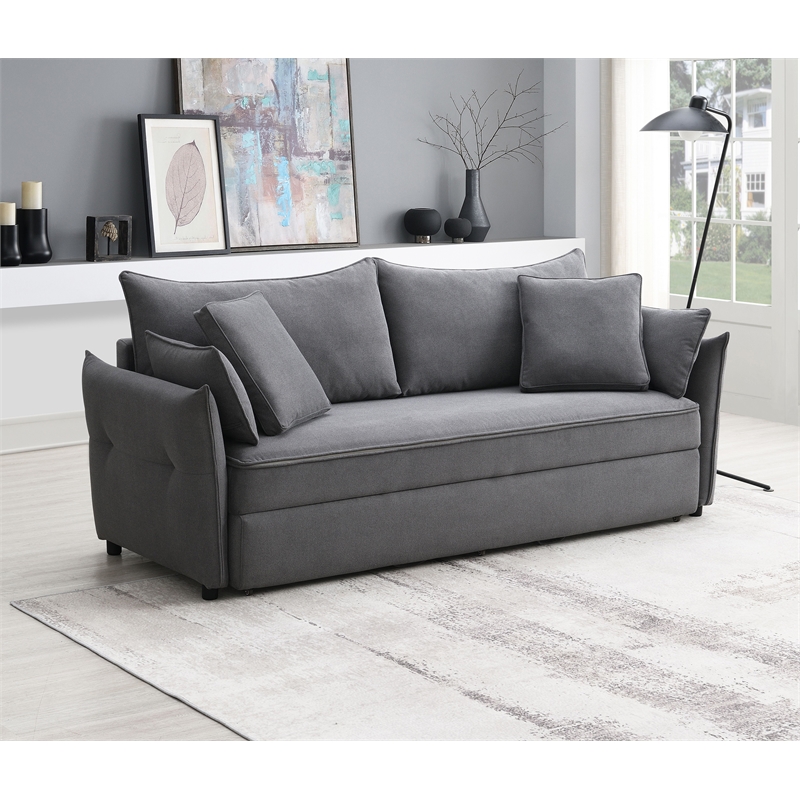 ACME Irina Fabric Upholstered Sofa with Pull-Out Sleeper and 4 Pillows in Gray