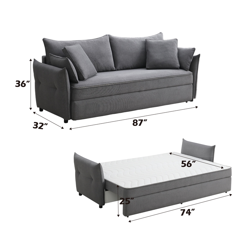 ACME Irina Fabric Upholstered Sofa with Pull-Out Sleeper and 4 Pillows in Gray