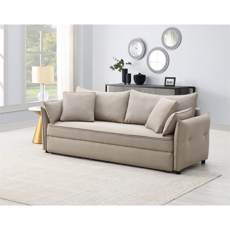 ACME Irina Fabric Upholstered Sofa with Full Size Sleeper and 4 Pillows in Beige