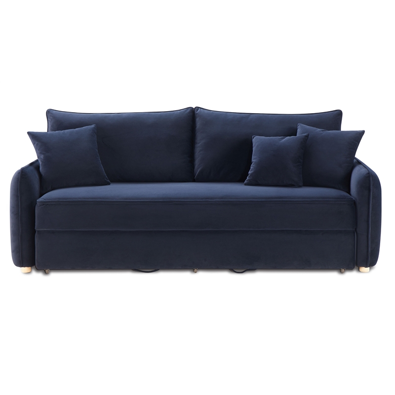 ACME Irina Velvet Fabric Upholstered Sofa with Sleeper and 3 Pillows in Blue